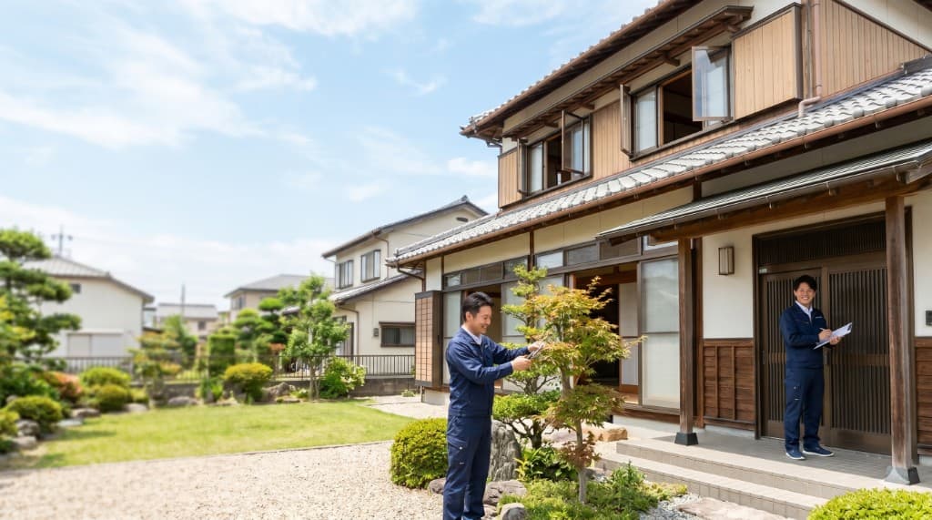整備作業員が日本家屋の庭で剪定し、もう一人が玄関前でクリップボードを持って立っている様子