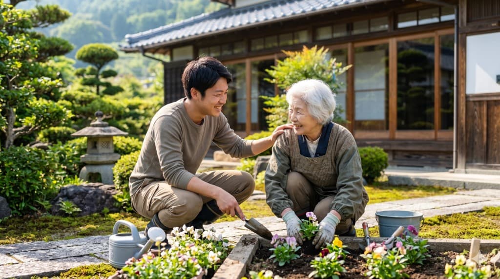 若い男性と高齢女性が伝統的な日本庭園で花を植えている様子