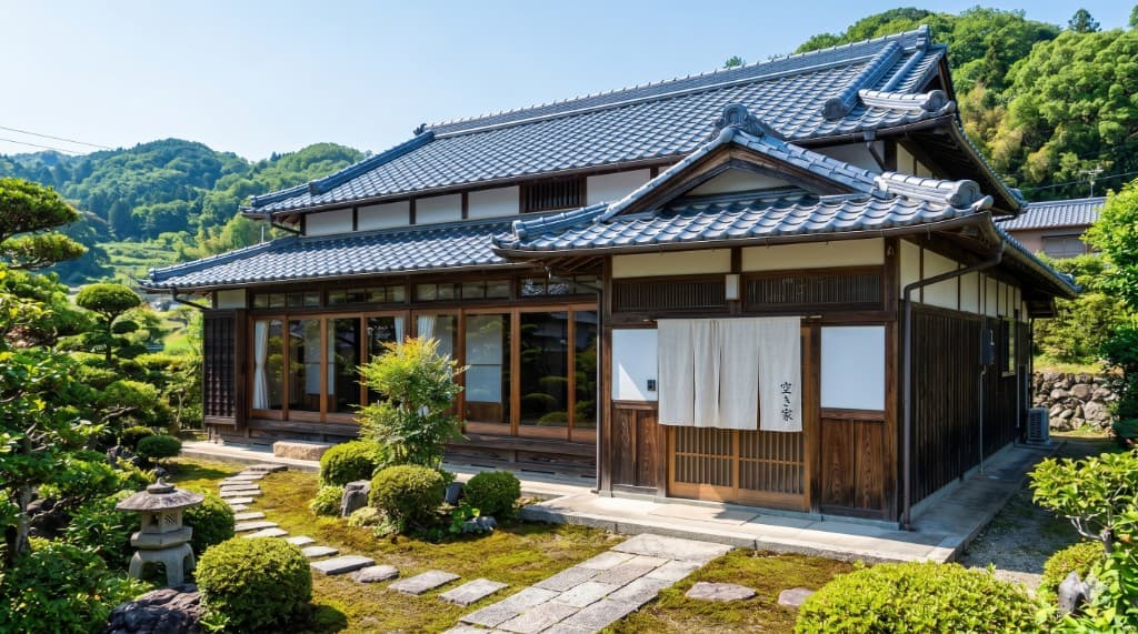 伝統的な日本の古民家と庭。玄関に『空き家』ののれんが掛かっている様子